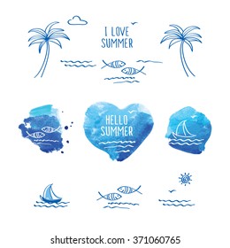 Hello summer. I love summer. Blue watercolor heart. Palm trees, sun, sea, fish and heart for your design.  Doodles, sketch. Vector illustration