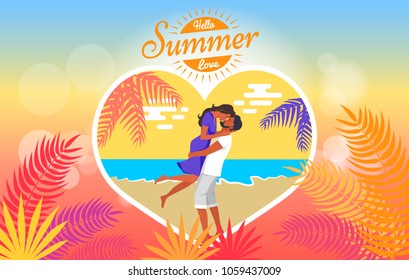 Hello summer love heart shape poster with man lifting his girlfriend and kissing on seaside under palm tree vector on background of sea and sky