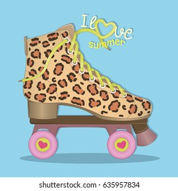 Hello summer. I love summer. Vector illustration. Image rolls with leopard print. Roller Skates. Roller skating.