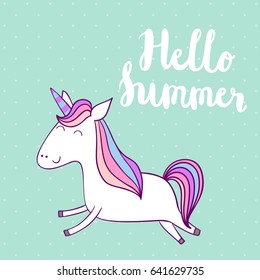 Hello summer. Magic cute unicorn, vector greeting card.