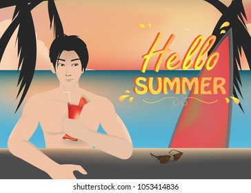 Hello summer  with a man cartoon vector