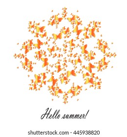 Hello summer. Mandala of butterflies pattern on a white background for card, Valentine's Day Valentine's, invitation to a wedding, birthday. Beautiful summer, spring butterfly. Vector illustration