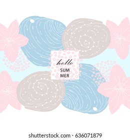 Hello Summer marine card  template with seashells, starfish with hand drawn texture.  Sea collection vector illustration for poster, flyer, menu, web site, blog, postcard, invitation, tile, etc.