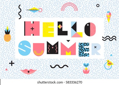 Hello Summer Memphis Style Design With Black Wavy Lines Geometric Elements Food On Decorative Frame Vector Illustration 