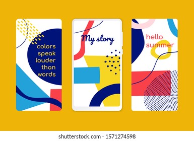 Hello summer memphis style onboarding screens templates. Creative promotional mobile pages concepts with typography. App UI, social media stories layouts with colorful shapes flat illustrations