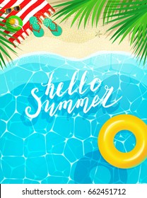 Hello Summer message on marine background. Sea and palm trees top view. Vector illustration.