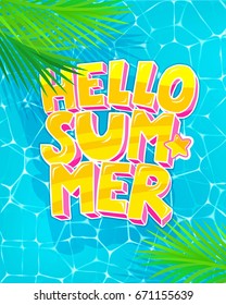 Hello Summer message on marine background. Sea and palm trees top view. Vector illustration.