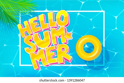 Hello Summer message in pop art style on marine background. Sea and palm trees top view. Vector illustration.