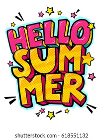 Hello Summer Message in retro pop art style. Vector illustration.