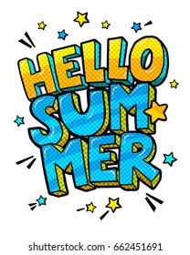 Hello Summer Message in retro pop art style. Vector illustration.