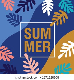 Hello summer. Modern background with decorative tropical leaves. Vector illustration.