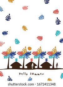 Hello summer. Modern background with palm trees and huts. Vector.