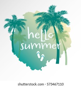 Hello Summer. Modern calligraphic T-shirt design with flat palm trees on bright colorful watercolor background. Vivid cheerful optimistic summer flyer, poster, fabric print design in vector