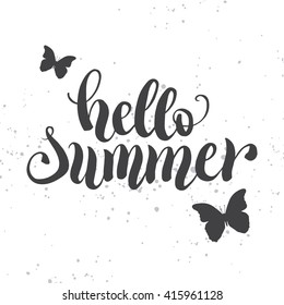 Hello summer modern calligraphy. Hand lettering inspirational quote. Typography poster or card design template. Vector illustration 