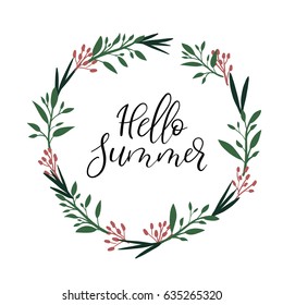 Hello Summer modern calligraphy inscription. Summer greeting card, postcard, card, invitation, banner template. Vector brush calligraphy. Summer hand lettering typography.