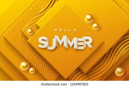 Hello summer. Modern cover design. Vector seasonal illustration. Abstract background with orange geometric planes textured with golden patterns and spheres. Minimal composition with square shapes