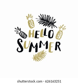 Hello summer. Modern hand drawn lettering phrase. Calligraphy brush and ink. Handwritten inscriptions and quotes for layout and template. Vector illustration of text