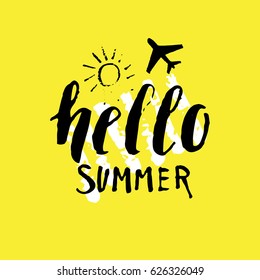 Hello summer. Modern hand drawn lettering phrase. Calligraphy brush and ink. Handwritten inscriptions and quotes for layout and template. Vector illustration of text