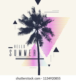 Hello Summer, Modern poster with palm tree and geometric graphic. Vector illustration.