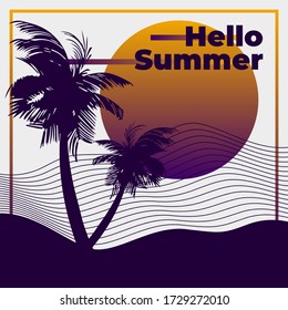 hola verano, afiche moderno con palmera y gráfico geométrico. Ilustración vectorial.