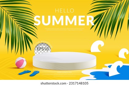 Hello summer modern stage podium on paper cut beach theme decoration yellow background. Vector illustration