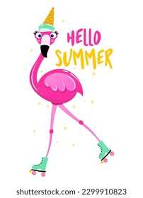 Hello Summer - Motivational quote. Hand painted brush lettering with flamingo with ice cream on her head. Good for t-shirt, posters, textiles, gifts, travel sets.