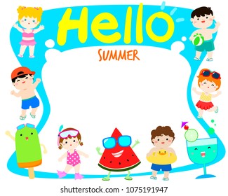 hello summer multicultural cute kids in swimsuit and colorful snack template vector poster design. Ready for your text.