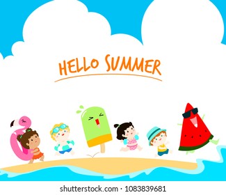 hello summer multicultural cute kids in swimsuit template vector illustration. Ready for your text.