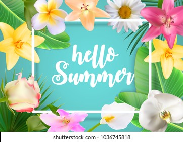 Hello Summer Natural Floral Background with Frame Vector Illustration EPS10