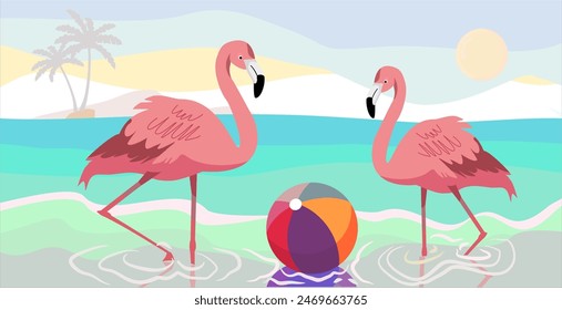 Hello Summer nature design concept in flat style, summer panorama, abstract illustration with exotic leaf forest, beach, colorful design, summer background, flamingo birds and summer banner.