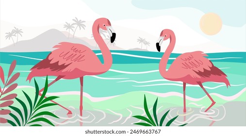Hello Summer nature design concept in flat style, summer panorama, abstract illustration with exotic leaf forest, beach, colorful design, summer background, flamingo birds and summer banner.
