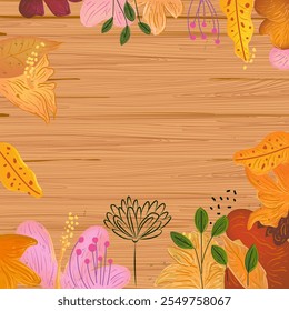 Hello summer nature, flower, plants and tropical with wooden  board on background vector illustration.