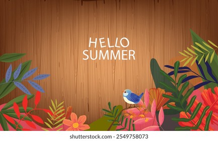 Hello summer nature, flower, plants and tropical with wooden  board on background vector illustration.