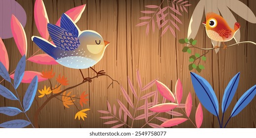 Hello summer nature, flower, plants and tropical with wooden  board on background vector illustration.