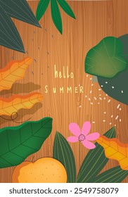 Hello summer nature, flower, plants and tropical with wooden  board on background vector illustration.