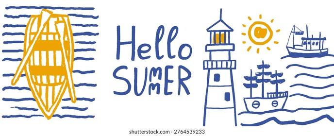Hello summer nautical doodle illustration. Hand-drawn lighthouse, boats, sun and ocean waves. Vacation travel design