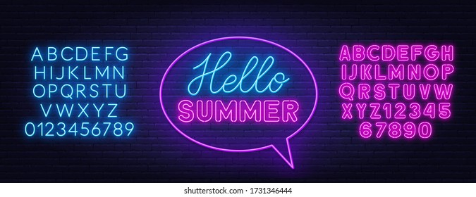 Hello summer neon lettering on brick wall background.