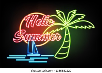 Hello summer with neon sign effect.Graphic vector