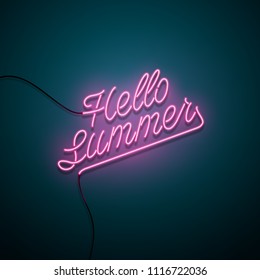 Hello summer neon sign. Vector illustration.