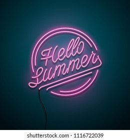 Hello Summer Neon Sign. Vector Illustration.