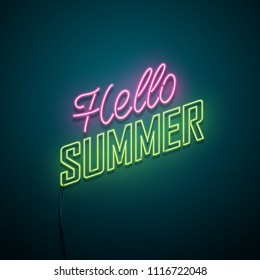 Hello summer neon sign. Vector illustration.