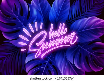 Hello Summer neon text on a background of tropical palm leaves. Vector illustration EPS10