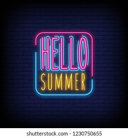 Hello summer Neon Text Vector with a brick wall background. Hello summer neon sign  design template  modern trend design  night neon signboard  night bright advertising  light banner  light art