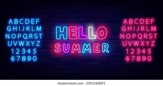 Hello summer neon typography badge. Colorful handwritten text. Party celebration. Season event flyer. Dance show greeting card. Shiny blue and pink alphabet. Glowing banner. Vector stock illustration