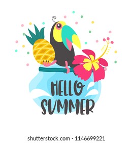 Hello summer. Nice Toucan with pineapple. Vector illustration isolated on white background.