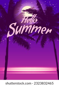 Hello Summer night party background with palms, design template, flyer. Summertime poster