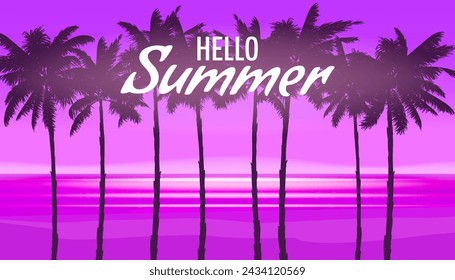 Hello Summer night party coast pink landscape background with palms, design template, flyer. Summertime banner