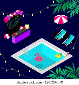 Hello Summer Night Pool Party With Tropical Decoration