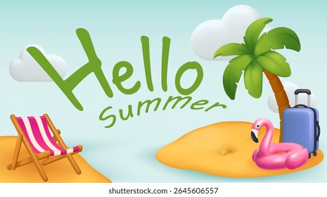 Hello summer objects decorative business advertising flyer design coconut trees pile of sand coconut fruit 