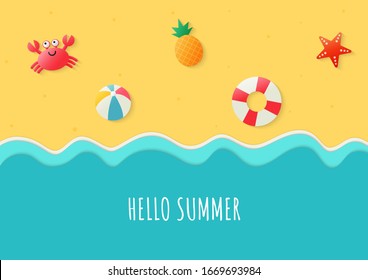 hello summer on blue background. paper art style. vector Illustration.